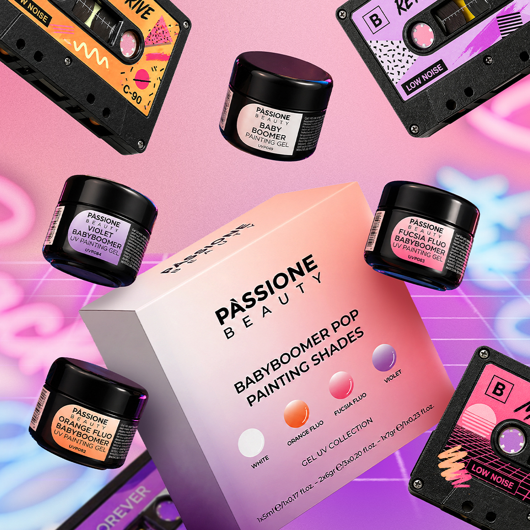 Kit gel UV Babyboomer Pop Passione Beauty con colori fluo fucsia, arancio, violetto e bianco per nail art sfumata effetto baby boomer