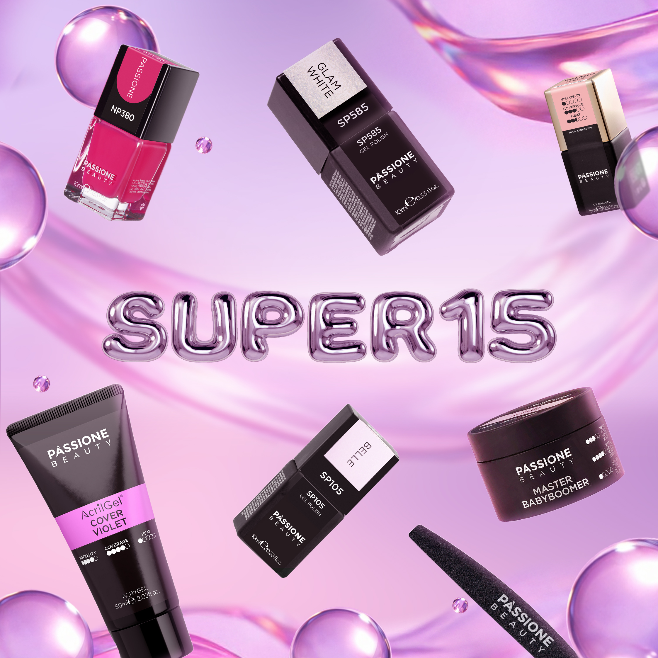 Passione Beauty smalti semipermanenti rosa pastello, nude e nero su sfondo viola glitter, promo SUPER15 nail art professionale