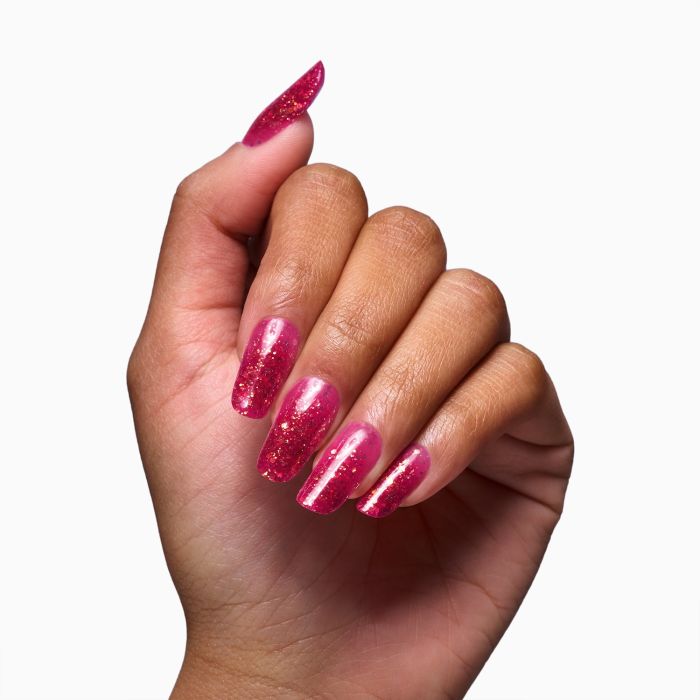 Glass Glitter Red 15 ml - Gel de construction auto-égalisant magenta effet verre avec paillettes dorées - détail 2