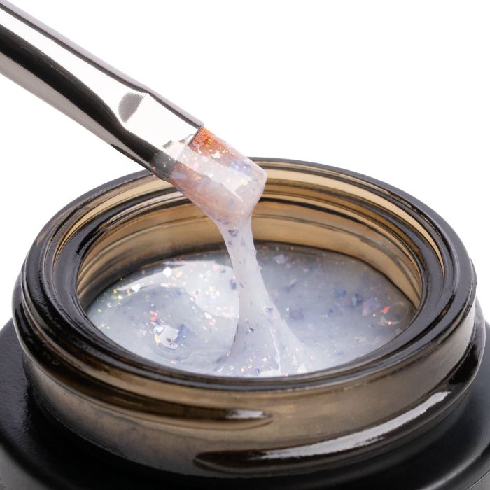 Marble Lavender Flakes 15 ml - Gel de construction auto-égalisant blanc laiteux avec flakes lilas et micro-flakes holographiques - détail 4