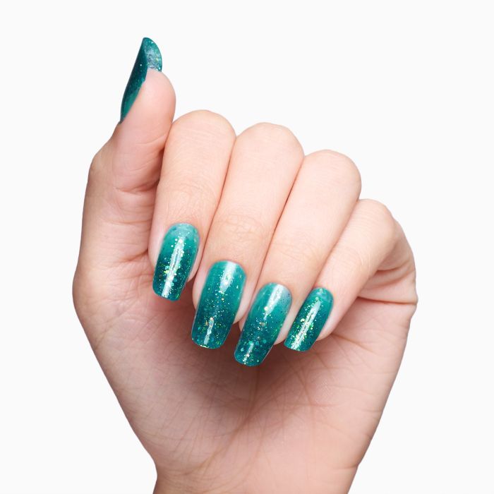 Glass Glitter Green 15 ml - Gel de construction auto-égalisant vert effet verre avec paillettes dorées - détail 2