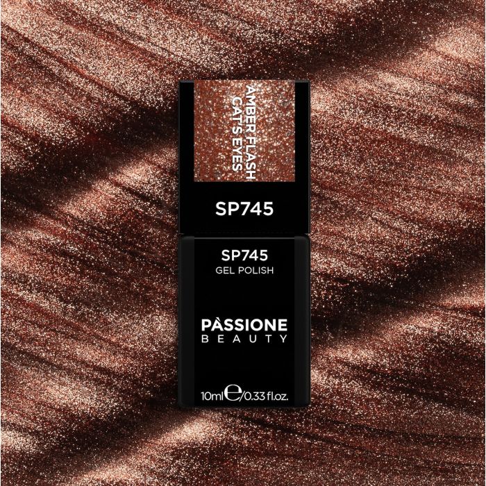 UV-Nagellack SP745 Amber Flash Cat’s Eyes - UV-Nagellack Bernsteinbraun mit silbernem Glitter, Flash Cat’s Eyes Effekt - Detail 2