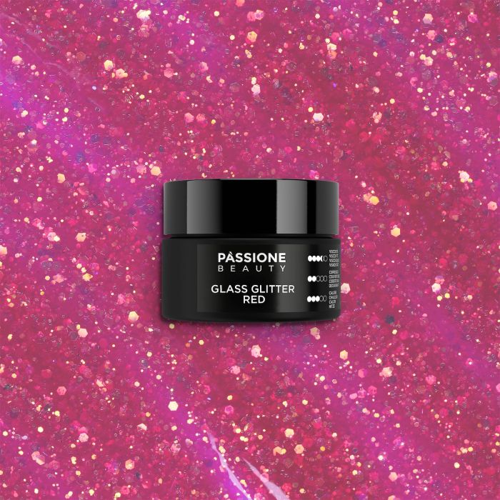 Glass Glitter Red 15 ml - Gel de construction auto-égalisant magenta effet verre avec paillettes dorées - détail 3