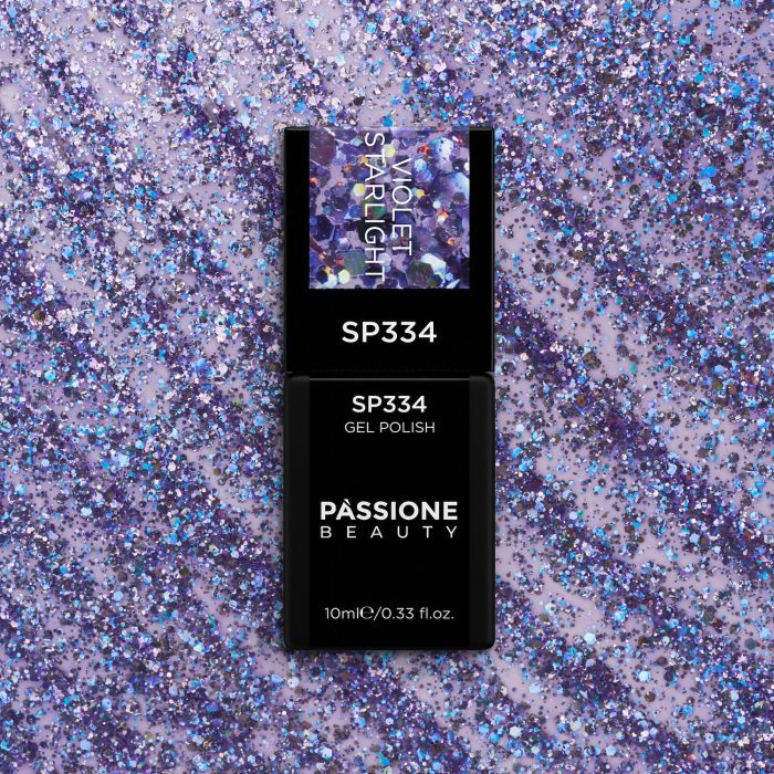 Vernis semi-permanent VS334 Violet Starlight - Vernis semi-permanent violet avec paillettes arc-en-ciel - détail 1