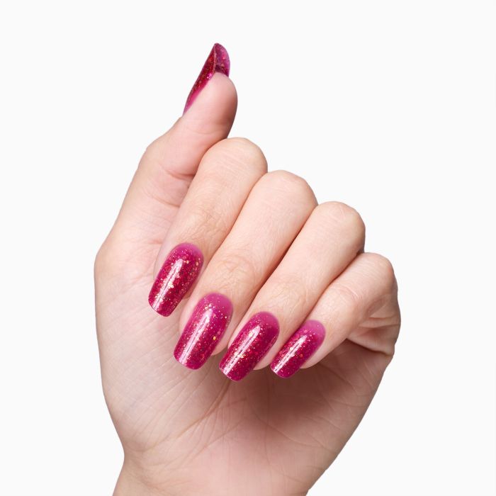 Glass Glitter Red 15 ml - Gel de construction auto-égalisant magenta effet verre avec paillettes dorées - détail 3