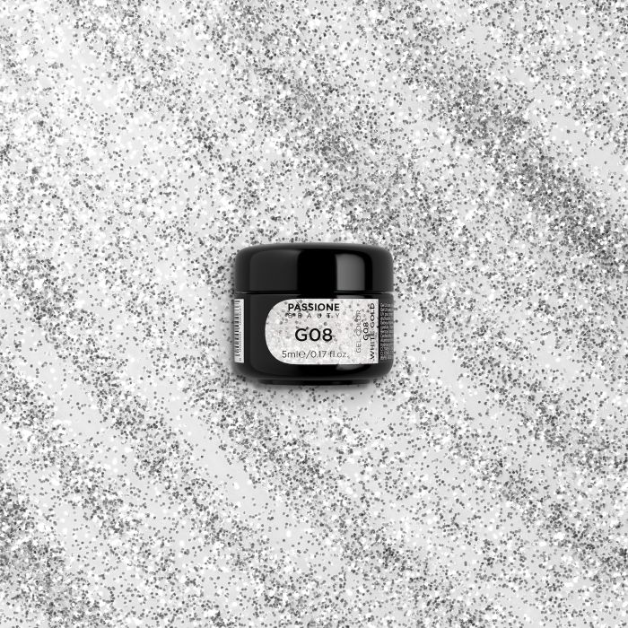 Gel Glitter G08 White Gold - Gel color bianco metallizzato con glitter argento - dettaglio 3