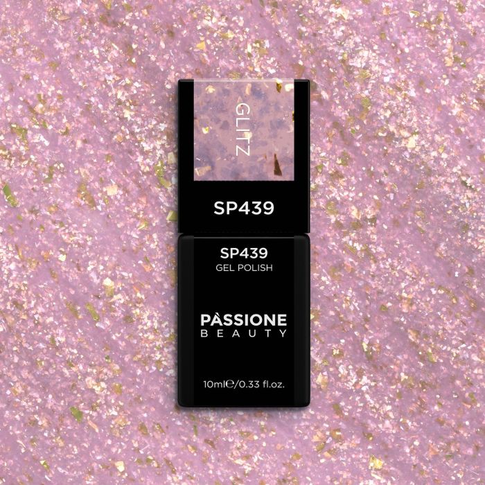Gel Nail Polish SP439 Glitz - Clear Light Violet Gel Polish with Gold Flakes and Pink Micro-flakes - detail 3