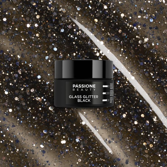 Glass Glitter Black 15 ml - Gel de construction auto-égalisant noir effet verre avec paillettes argentées - détail 4