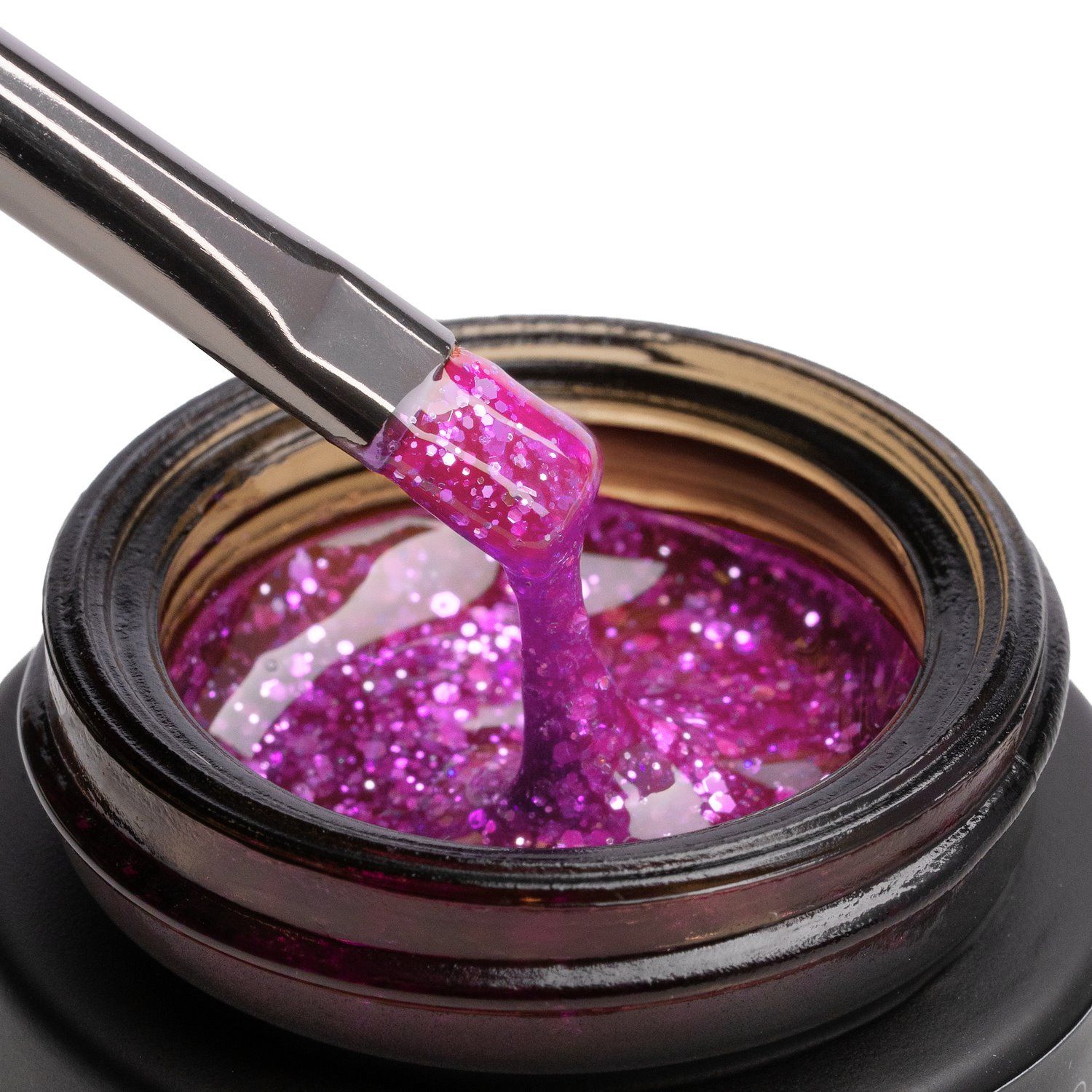 Glass Glitter Fuchsia 15 ml - Gel de construction auto-égalisant fuchsia effet verre avec paillettes argentées - détail 1