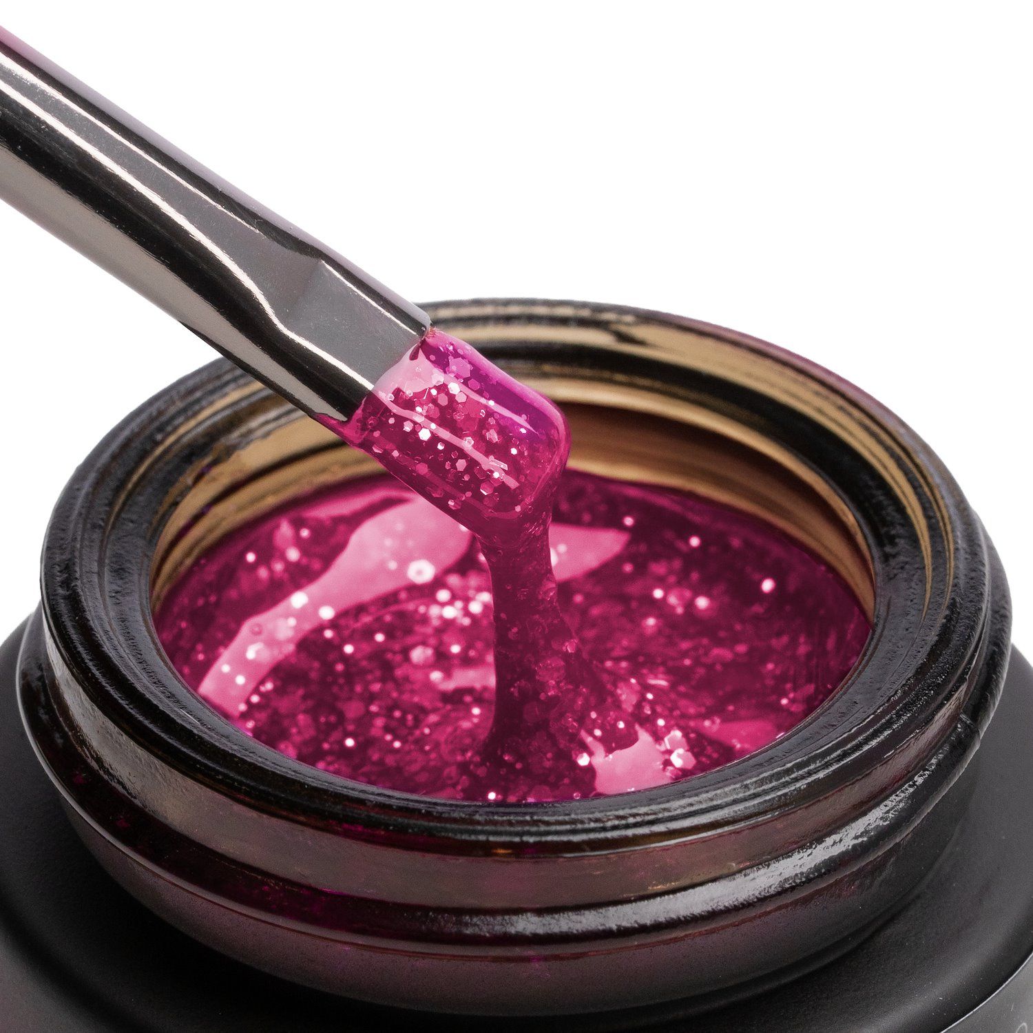 Glass Glitter Red 15 ml - Gel de construction auto-égalisant magenta effet verre avec paillettes dorées - détail 1