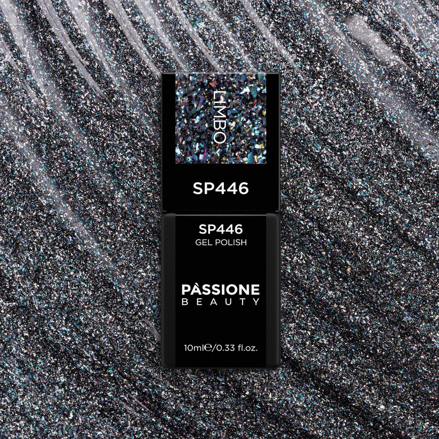 Gel Nail Polish SP446 Limbo - Black Gel Polish with Multicolour Micro-flakes and Holographic Glitter - detail 2