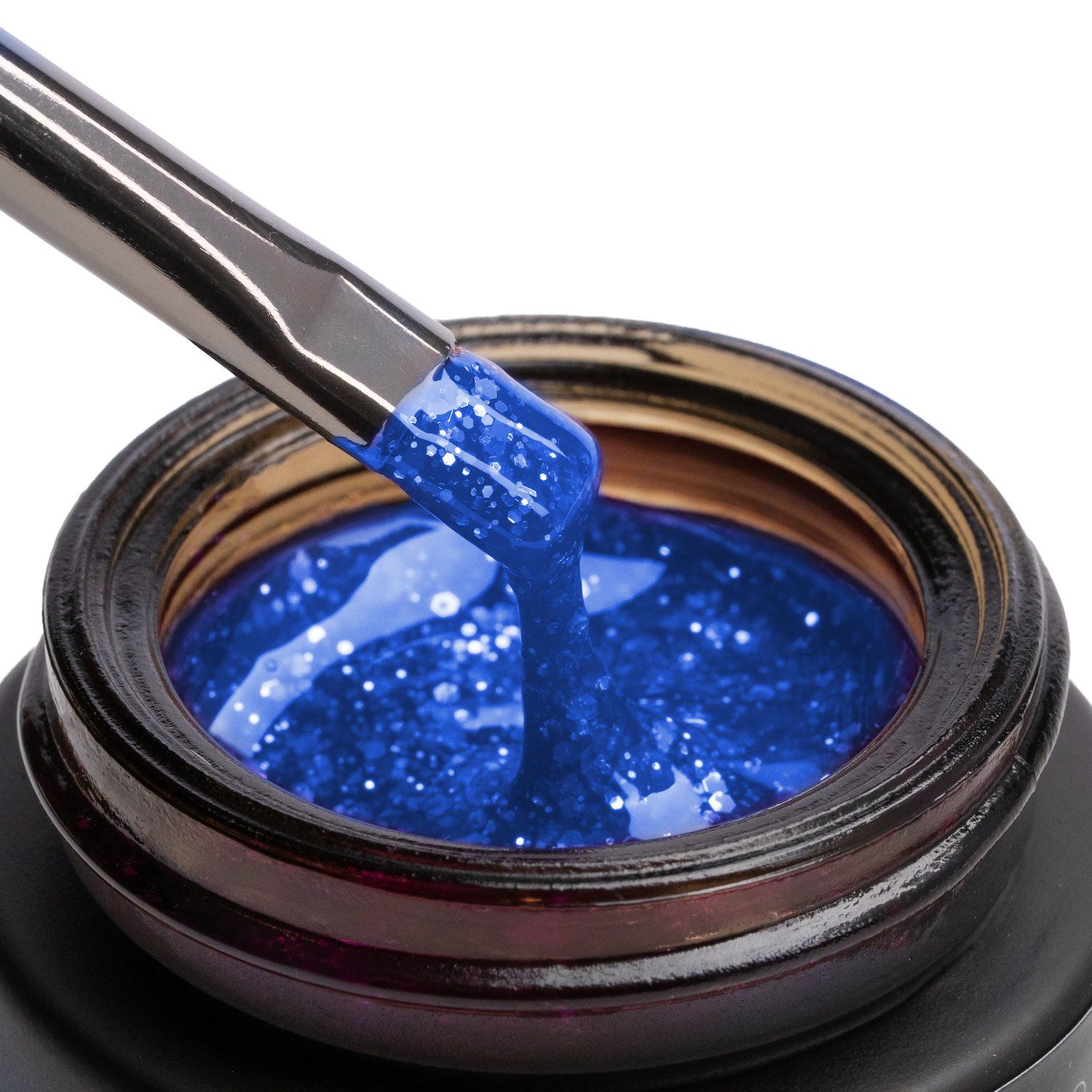 Glass Glitter Blue 15 ml - Gel de construction auto-égalisant bleu effet verre avec paillettes argentées - détail 2