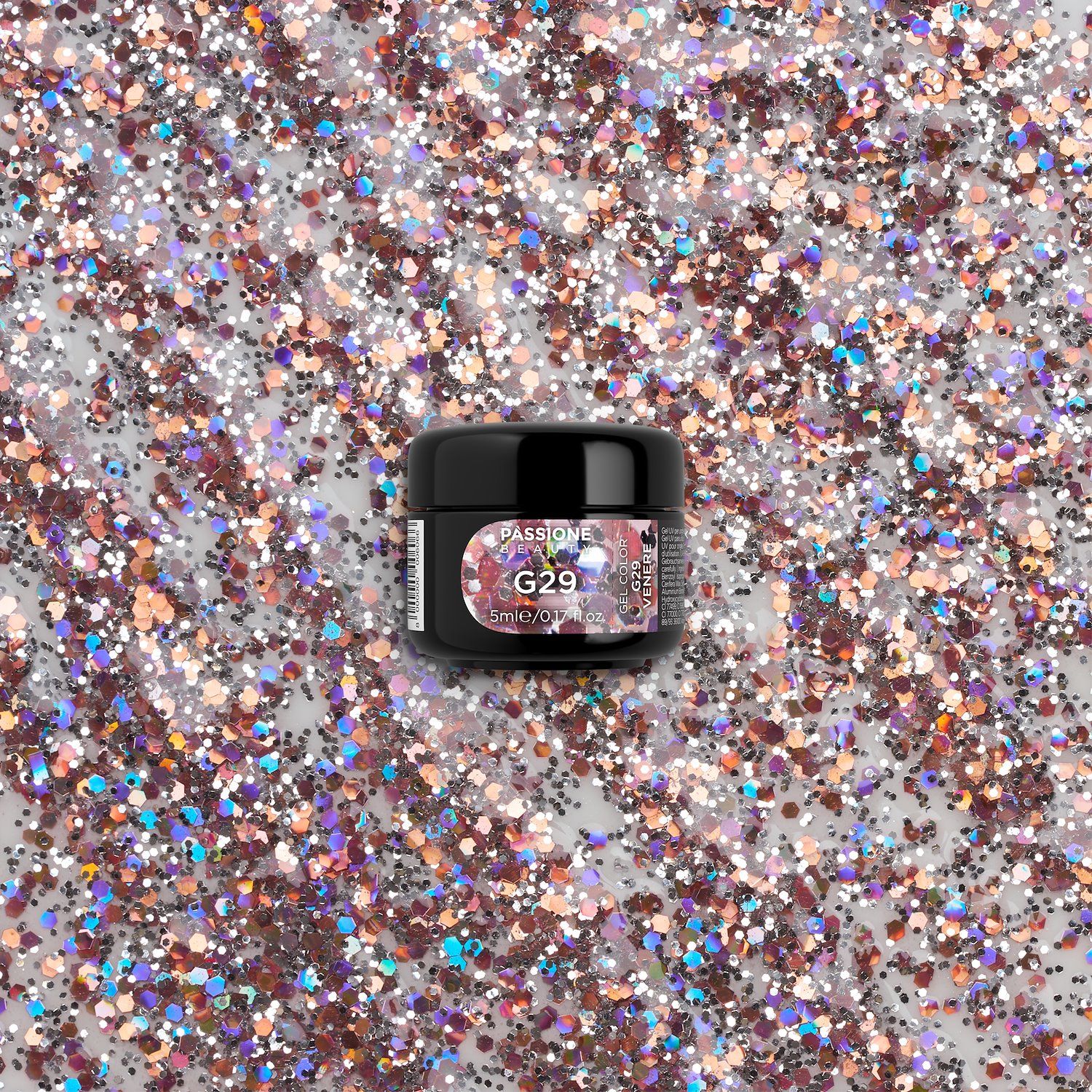Glitter Farbgel G29 Venere - Farbgel in transparent mit Glitter in Silber und Rosegold - Detail 2