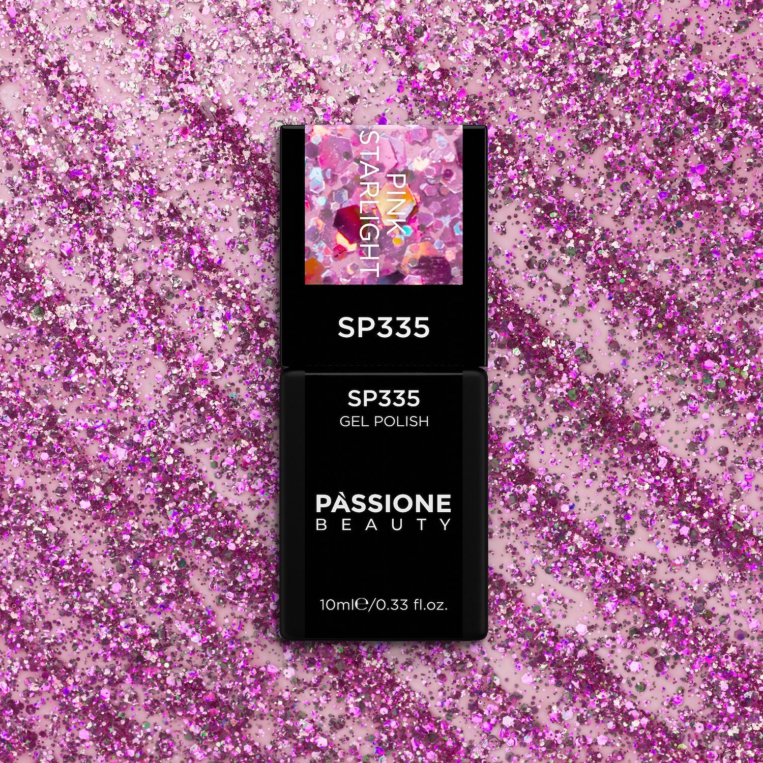 Vernis semi-permanent SP335 Pink Starlight - Vernis semi-permanent transparent avec paillettes fuchsia et holographiques - détail 2