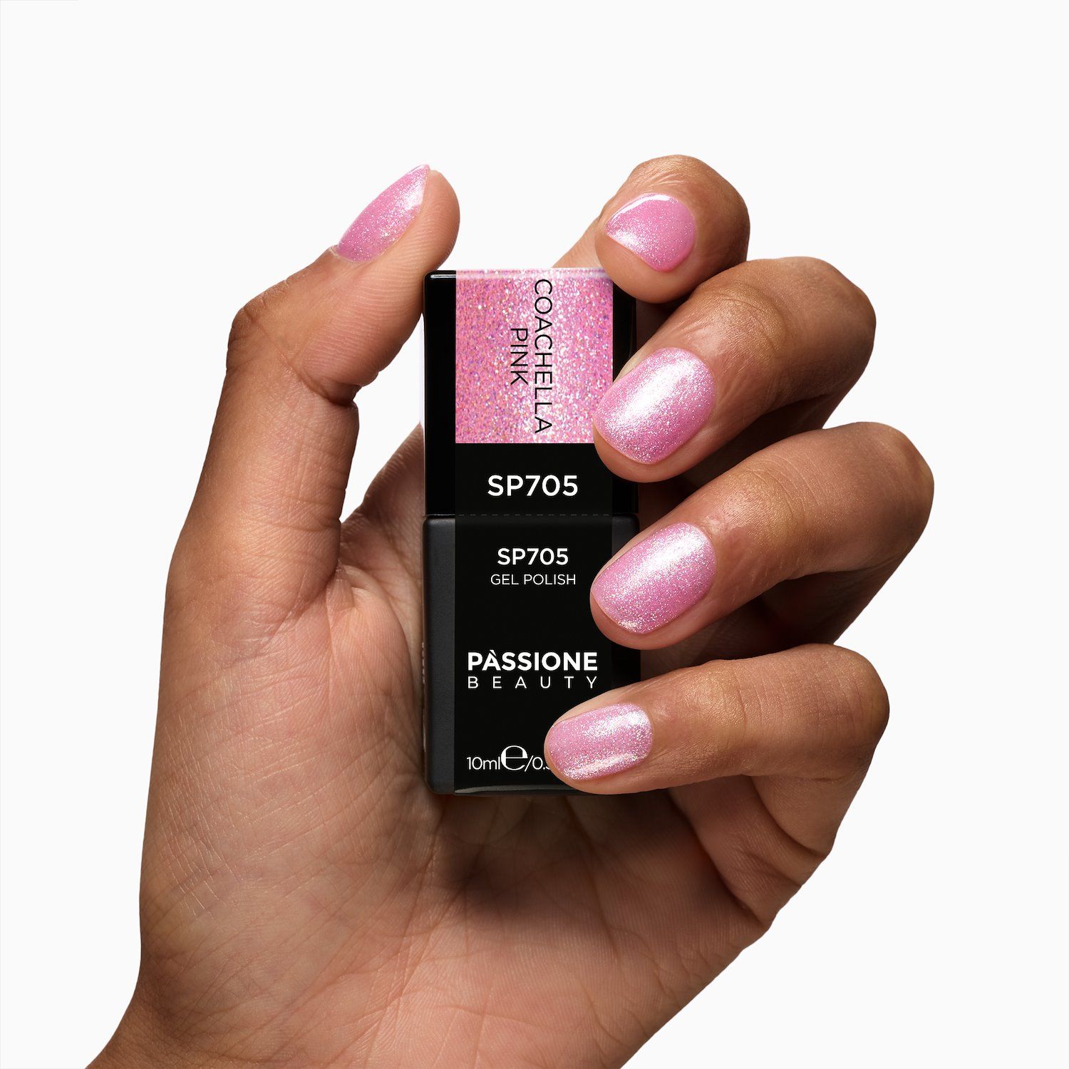 Vernis semi-permanent SP705 Coachella Pink - Vernis semi-permanent rose avec micro-paillettes bleu ciel et holographiques - détail 2