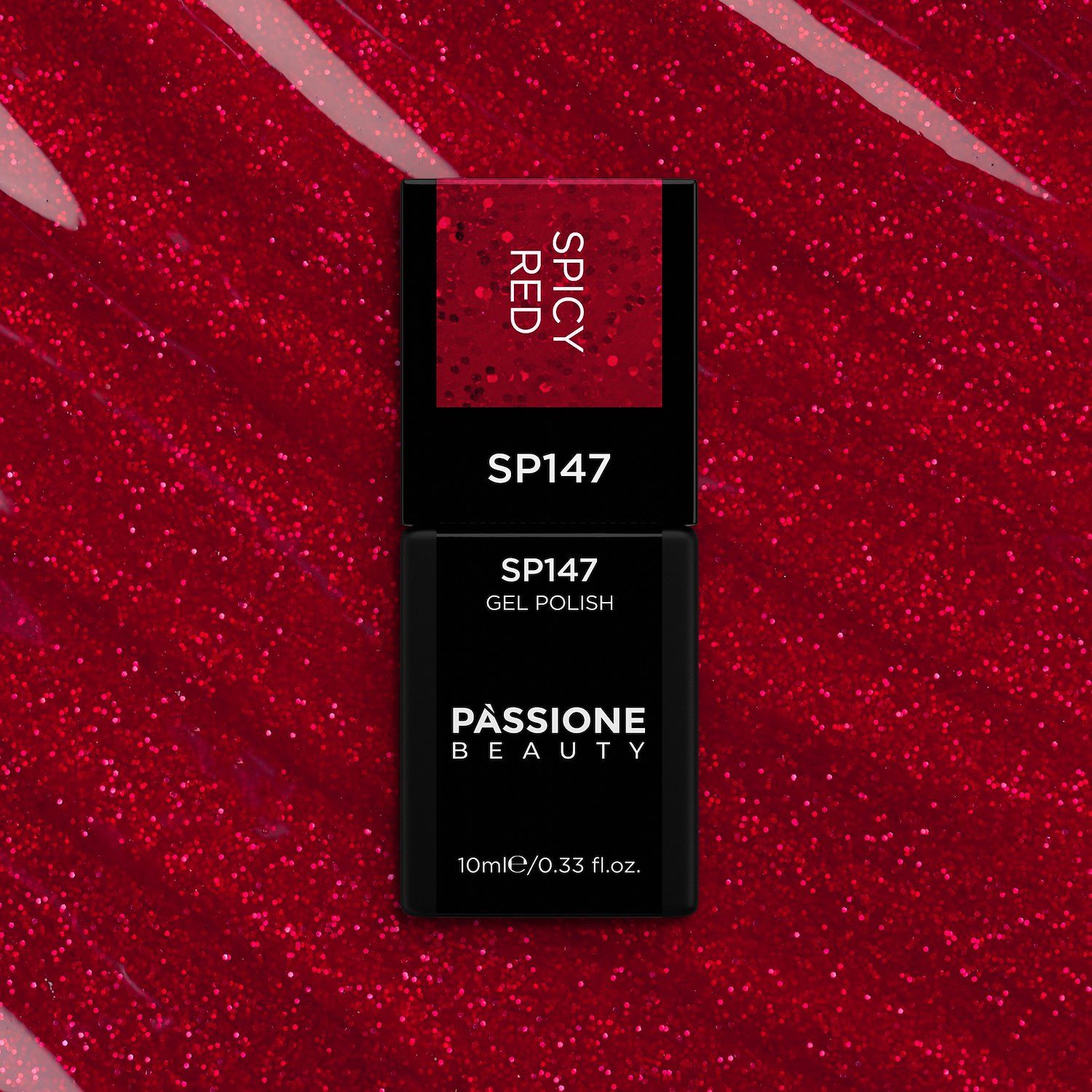 Vernis semi-permanent SP147 Spicy Red - Vernis semi-permanent rouge avec paillettes rouges - détail 2