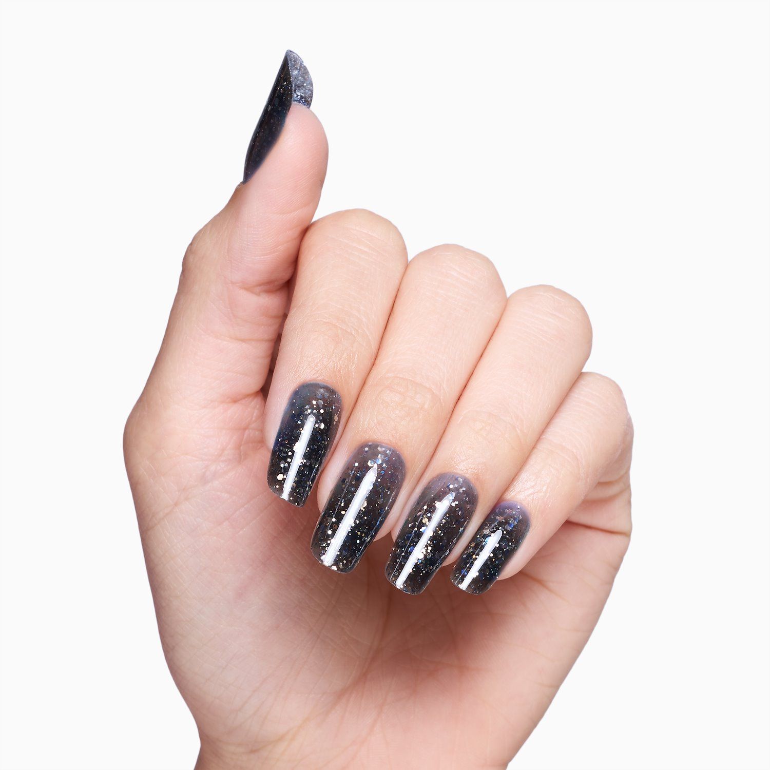 Glass Glitter Black 15 ml - Gel de construction auto-égalisant noir effet verre avec paillettes argentées - détail 2
