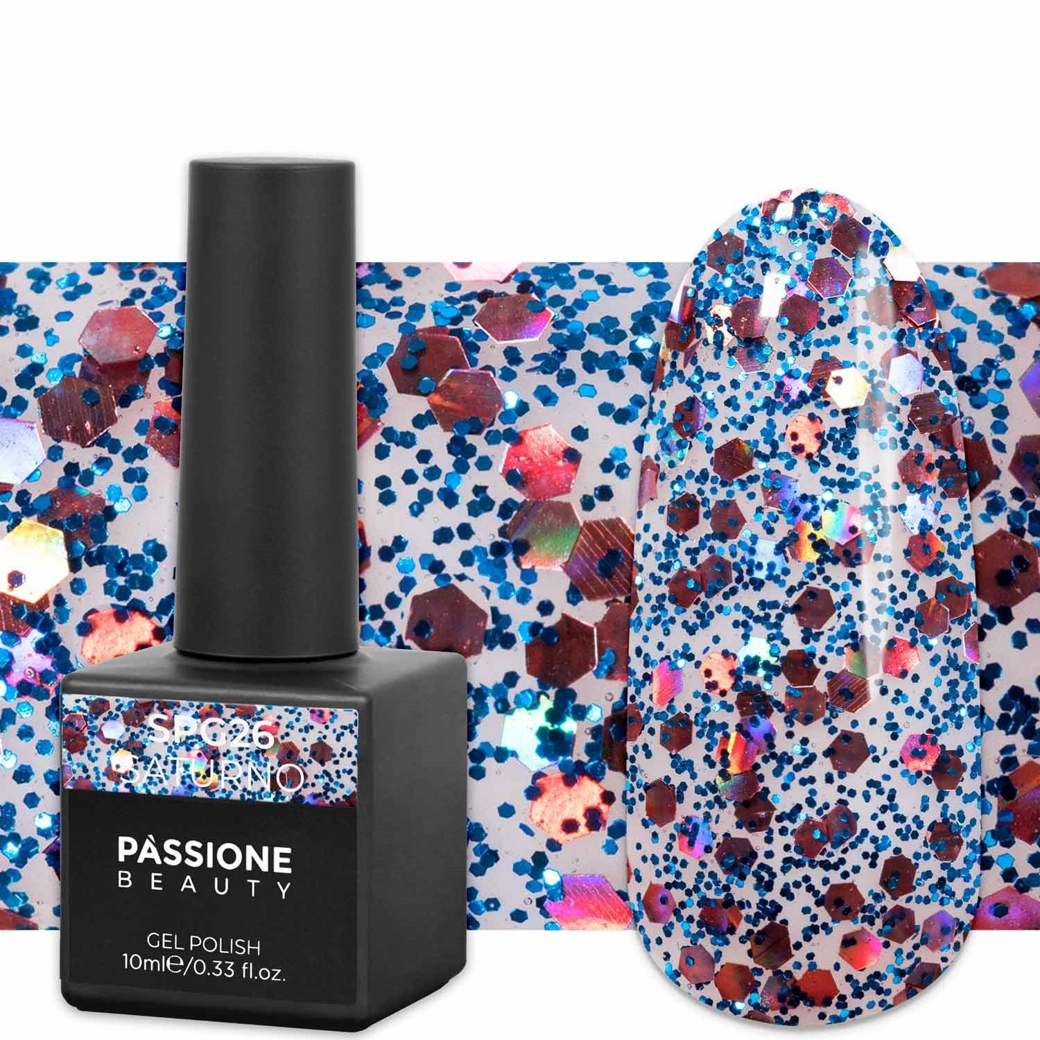 Gel Nail Polish GPG26 Saturno  - GPG26 Saturno gel polish, transparent with blue micro glitters and rose flakes