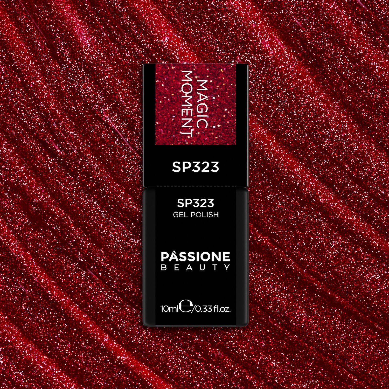 Vernis semi-permanent SP323 Magic Moment - Vernis semi-permanent rouge foncé avec micro-paillettes holographiques - détail 2