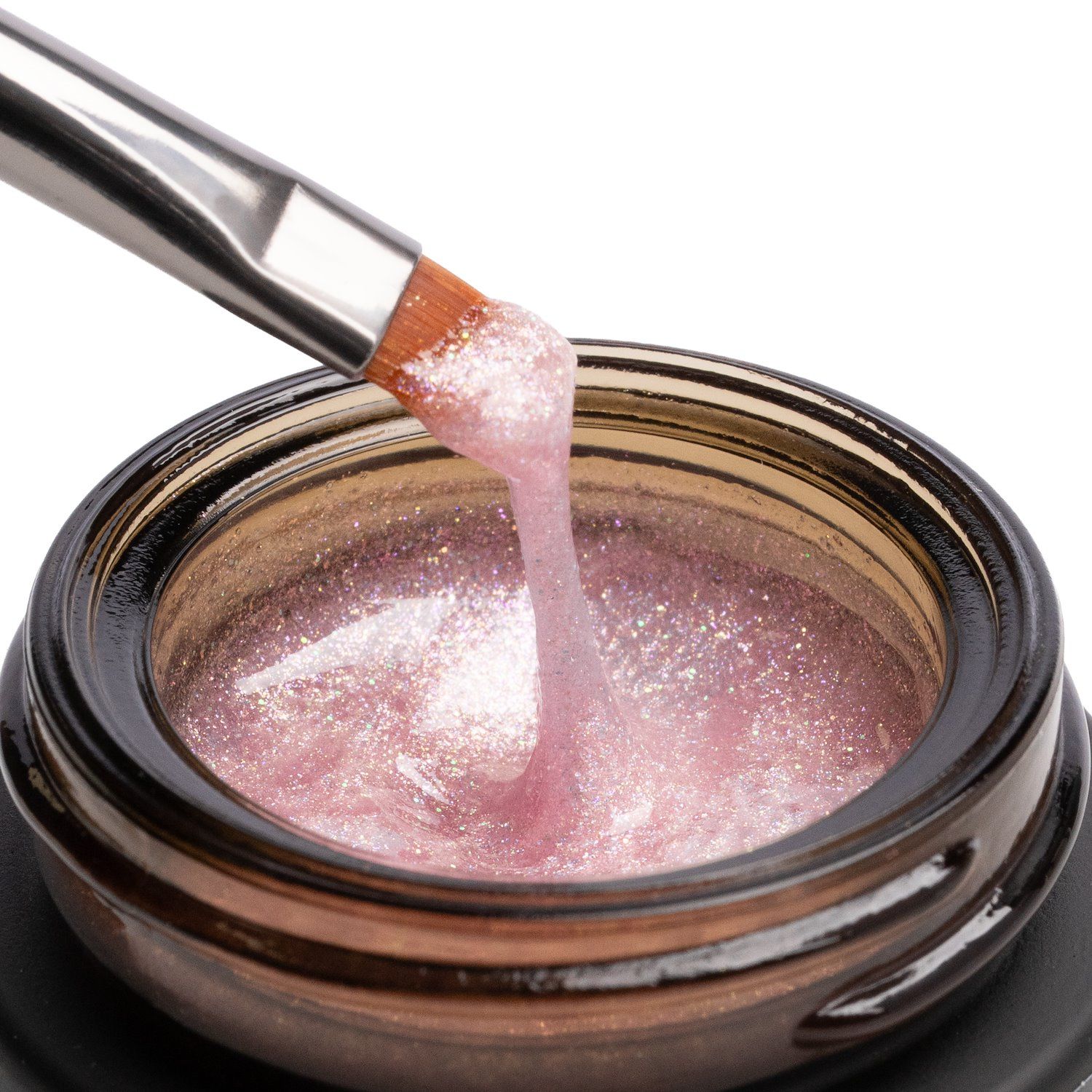 Crystal Shell Glitterose 15 ml - Gel de construction auto-égalisant rose clair avec micro-paillettes holographiques très fines - détail 3