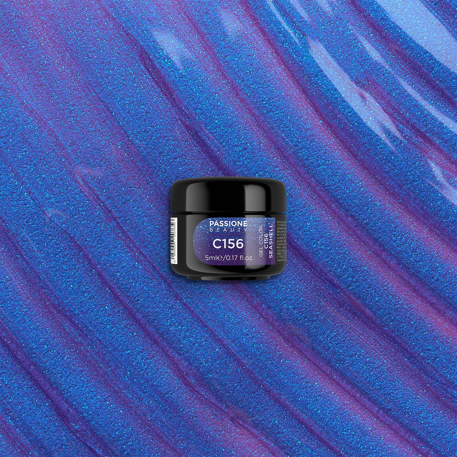 Farbgel C156 Seashell - Farbgel in Violett mit blauem Microglitter und Metallic-Effekt - Detail 3
