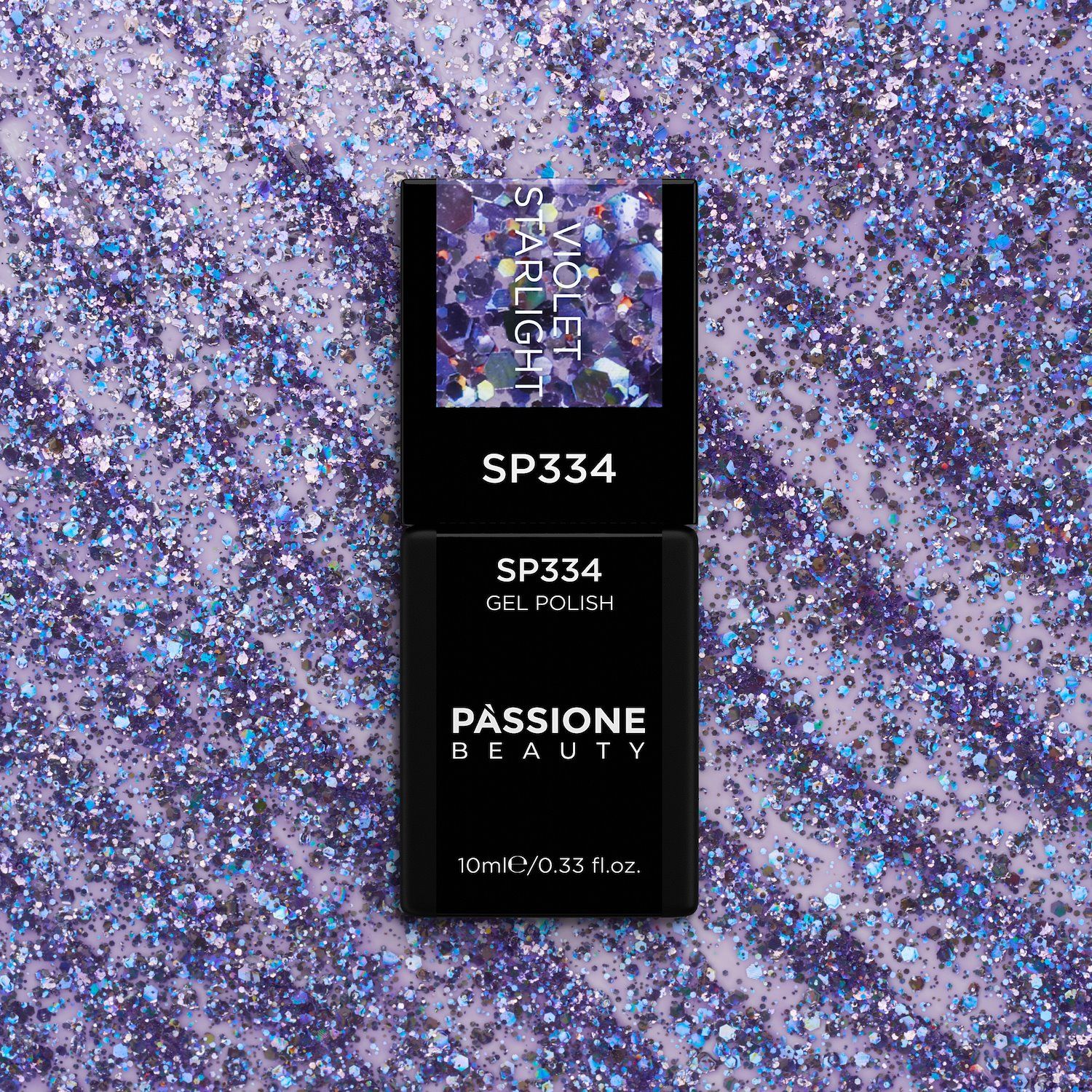 Vernis semi-permanent SP334 Violet Starlight - Vernis semi-permanent violet avec paillettes violets et bleus holographiques - détail 1