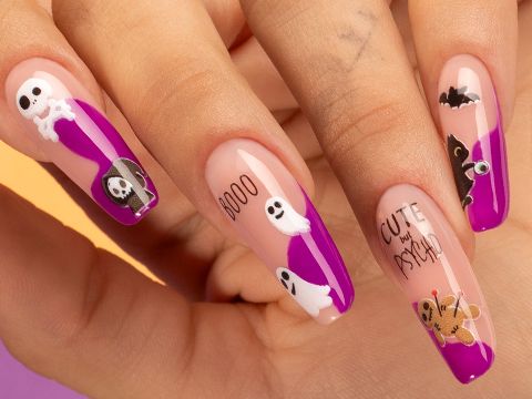 Manucure Halloween violette et stickers