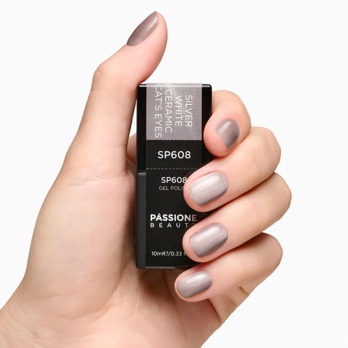 Gel Nail Polish SP608 Silver White Ceramic Cat Eye - Grey Taupe Gel Polish with Cat Eye Effect - detail 1