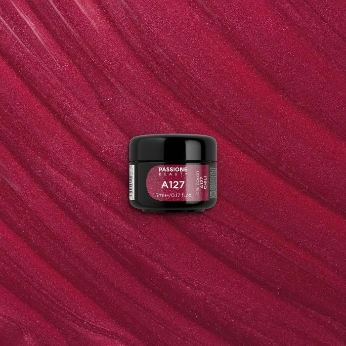 Gel Color A127 Chili - Gel color rojo oscuro con micro purpurina  - detalle 1