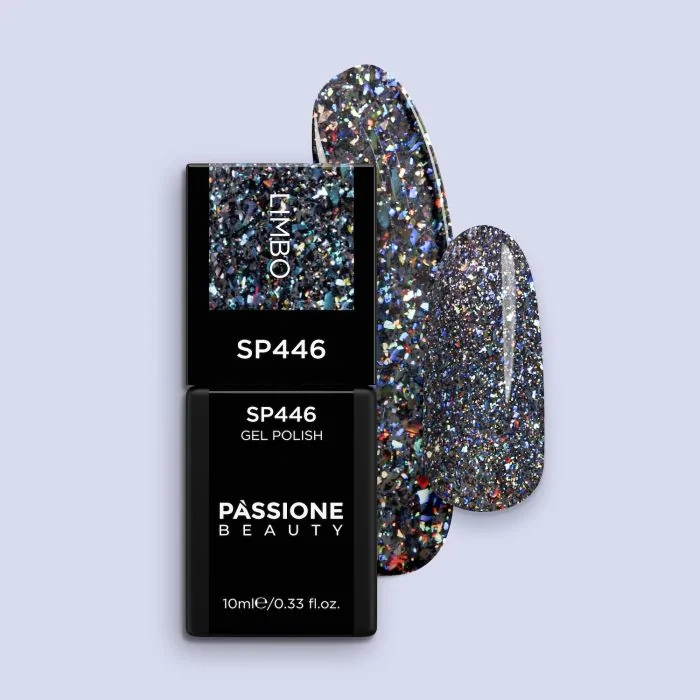 Vernis semi-permanent SP446 Limbo - Vernis semi-permanent noir avec micro-flakes multicolores et paillettes holographiques