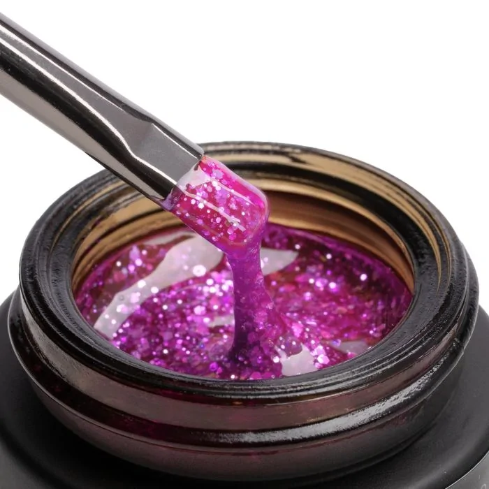 Glass Glitter Fuchsia 15 ml - Builder gel autonivelante fucsia efecto cristal con purpurina y lentejuelas plateadas - detalle 1