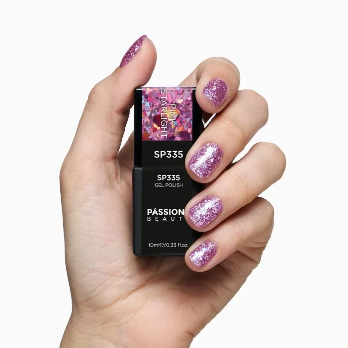 UV-Nagellack SP335 Pink Starlight - UV-Nagellack Transparent mit Fuchsia und holografischen Glitzern und Pailletten - Detail 1