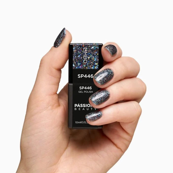 UV-Nagellack SP446 Limbo - UV-Nagellack Schwarz mit mehrfarbigen Micro-Flakes und holografischen Glitzern - Detail 1