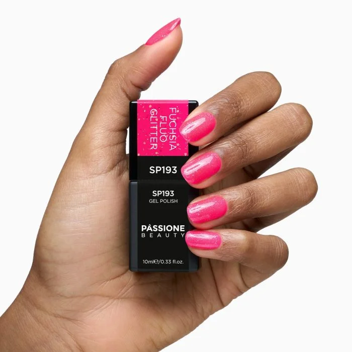 Gel Nail Polish SP193 Fuchsia Fluo Glitter - Fluo Fuchsia Gel Polish with Multicolour Glitter - detail 1