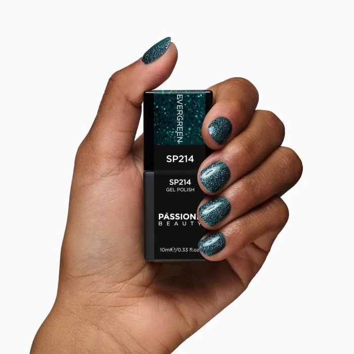 UV-Nagellack SP214 Evergreen - UV-Nagellack Petrolgrün mit grünen Micro-Glitzern - Detail 1
