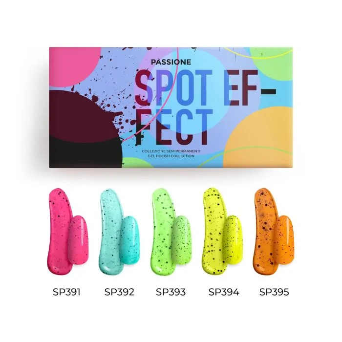 Spot Effect - Collection of neon gel polishes with black micro particles