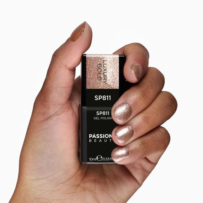 Vernis semi-permanent SP811 Luxury Gold - Vernis semi-permanent bronze avec paillettes dorées - détail 1