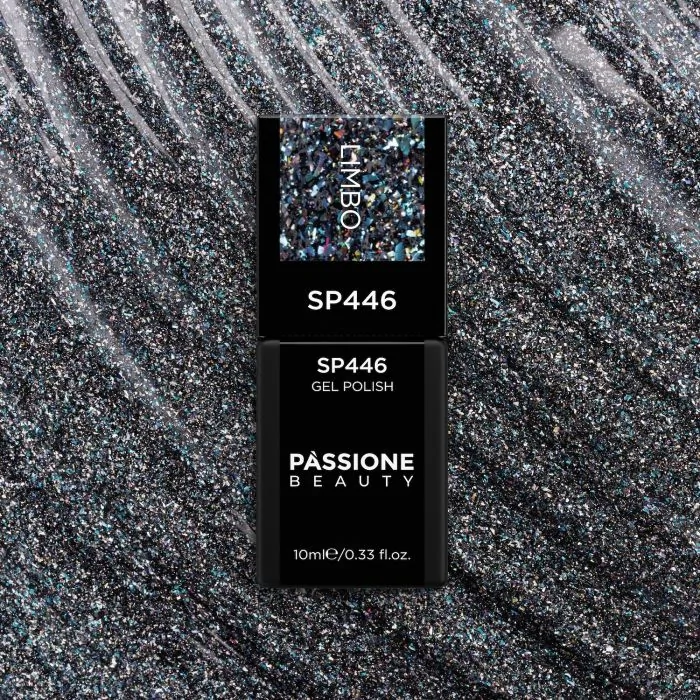 Vernis semi-permanent SP446 Limbo - Vernis semi-permanent noir avec micro-flakes multicolores et paillettes holographiques - détail 2