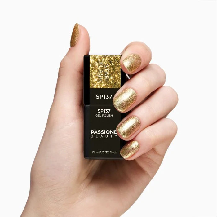 UV-Nagellack SP137 Star Flash - UV-Nagellack Gold mit rosa Micro-Flakes und goldenen Glitzern - Detail 1