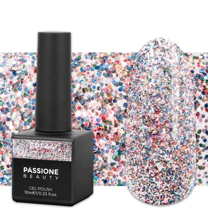 Gel Nail Polish GPF44 Magic Spell  - GPF44 Magic Spell gel polish, Transparent with multicolour glitter