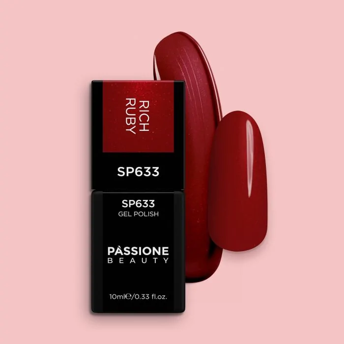 Esmalte semipermanente SP633 Rich Ruby - Esmalte semipermanente rojo oscuro con micropurpurina roja extrafina