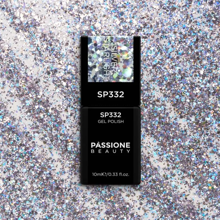Gel Nail Polish SP332 Silver Starlight - Clear Gel Polish with Glitter and Holographic Silver Sequins - detail 1