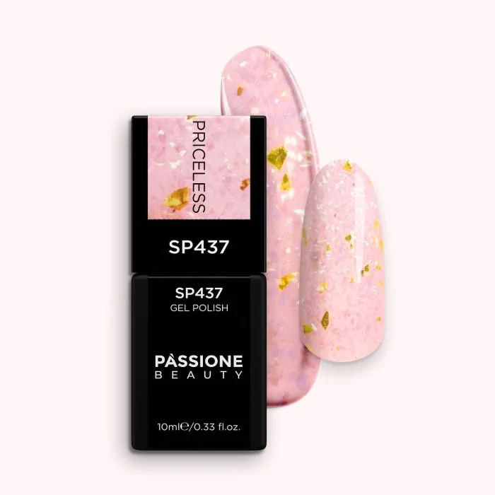 Gel Nail Polish SP437 Priceless - Clear Light Pink Gel Polish with Gold Flakes and Pink Micro-flakes