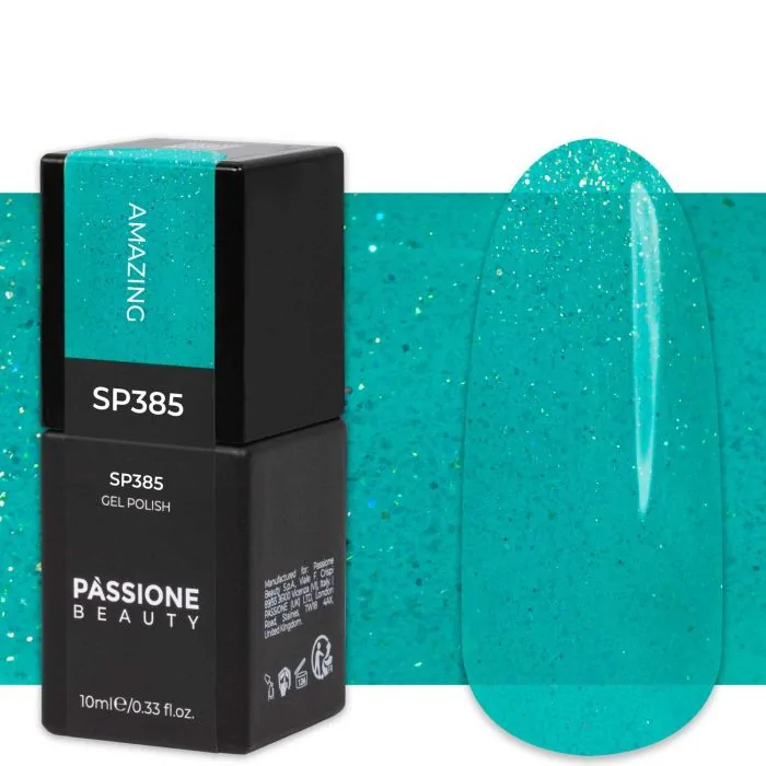 Gel Nail Polish GP385 Amazing - Aqua green gel polish with a golden pearl effect, 