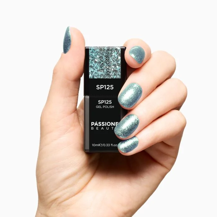 Gel Nail Polish GP125 Turquoise Flash  - Turquoise-aquamarine Polish with glitter - detail 1