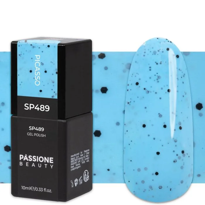 Gel Nail Polish SP489 Picasso - Light blue gel polish with black micro particles