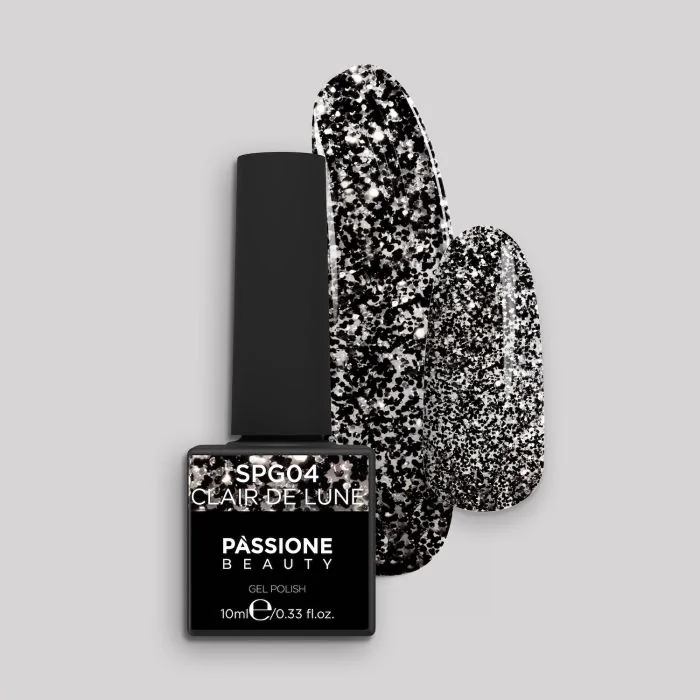 Gel Nail Polish GPG04 Clair de Lune - GPG04 Clair de Lune gel polish, transparent with black and silver glitter