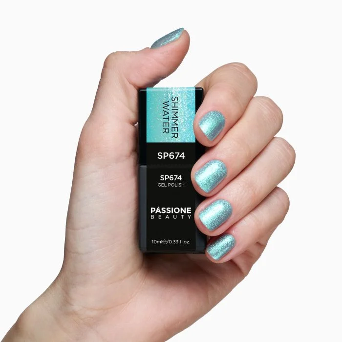 Gel Nail Polish SP674 Shimmer Water - Light Blue Gel Polish with Extra-fine Light Blue and Green Micro-glitter - detail 1