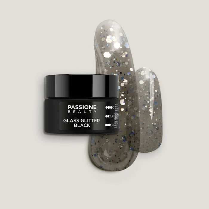 Glass Glitter Black 15 ml - Builder gel autonivelante negro efecto cristal con purpurina y lentejuelas plateadas