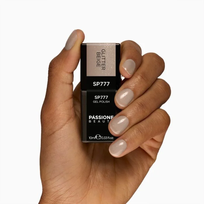Gel Nail Polish SP777 Glitter Beige - Milky Beige Gel Polish with Gold and Multicolour Micro-glitter - detail 1